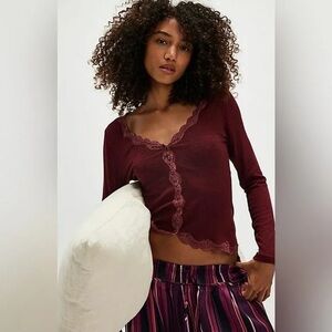 Free People Big Love Burgundy Lace-Trim Button Cardigan